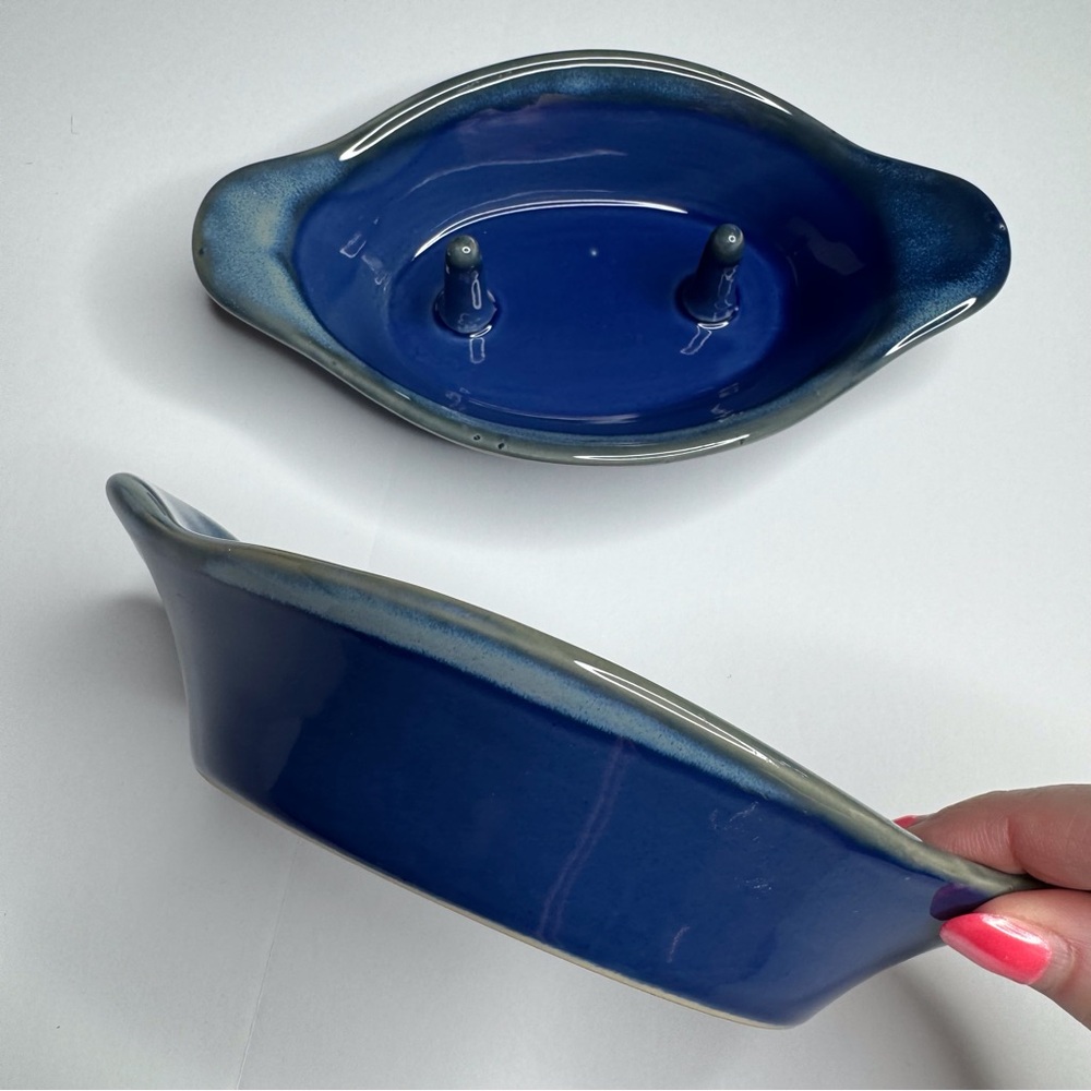 Set of 2 Ceramic Clay Baked Potato Cooker Holder Blue Speckle Glaze Farmcore - Picture 10 of 11
